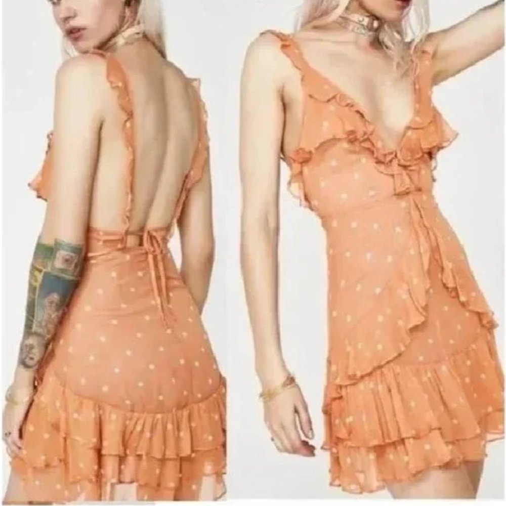 Ruffle Tie-Back Mini Dress in Peach Polka Dot